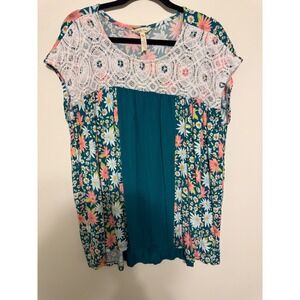 Matilda Jane Women's Floral Teal Top Short Sleeve Lace Detail Sz‎ XL